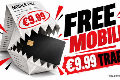 A €9.99 mobile bill folds into a paper trap around a bank card