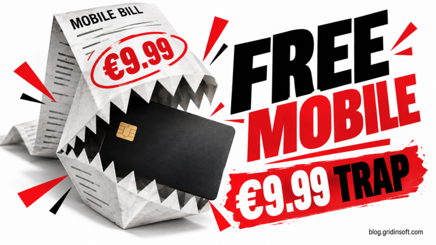 Free Mobile Phishing Turns a €9.99 Bill Into a Card-Data Trap 1 A €9.99 mobile bill folds into a paper trap around a bank card