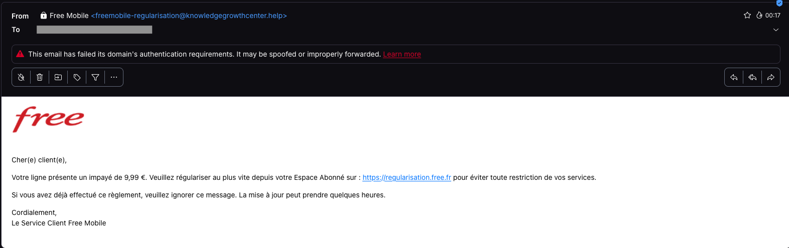 Free Mobile Phishing Turns a €9.99 Bill Into a Card-Data Trap 2 Redacted Free Mobile phishing email with an unrelated sender domain and a €9.99 payment claim