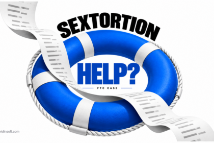 A blue rescue ring threaded with a curling bill asks whether paid sextortion help delivers protection.