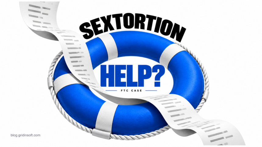A blue rescue ring threaded with a curling bill asks whether paid sextortion help delivers protection.
