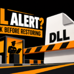 A DLL file stopped at an amber checkpoint with the words DLL Alert? Check Before Restoring.