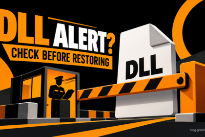 A DLL file stopped at an amber checkpoint with the words DLL Alert? Check Before Restoring.