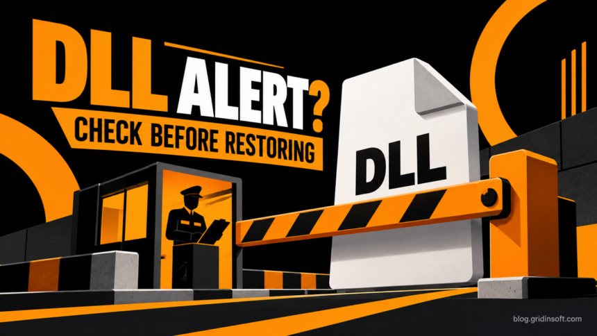 A DLL file stopped at an amber checkpoint with the words DLL Alert? Check Before Restoring.