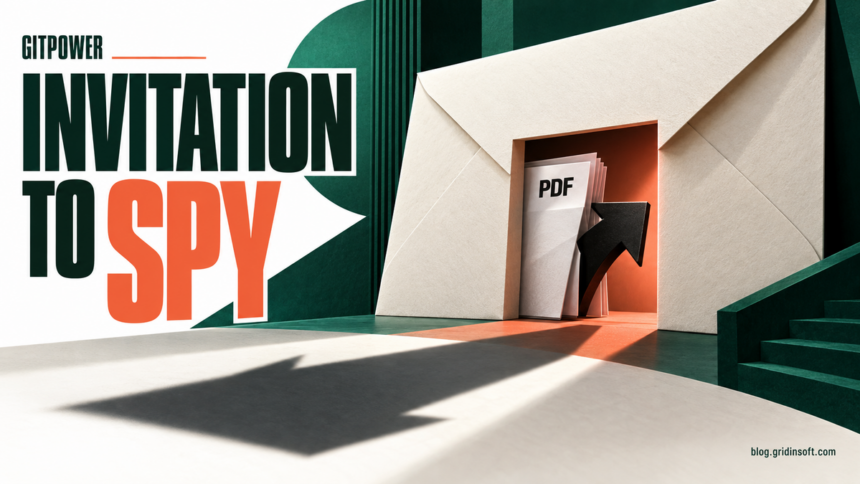 An invitation envelope opens onto a PDF and a shortcut arrow: Invitation to Spy, GitPower.