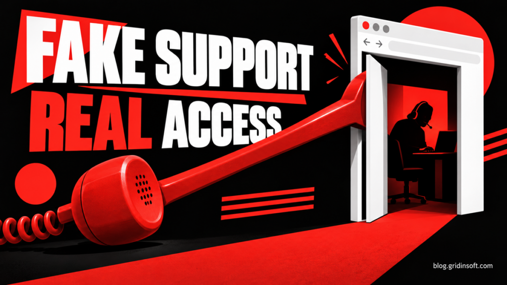 A red telephone handset acts as a lever opening a browser doorway to an impostor support operator.