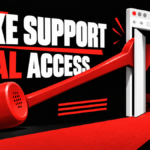 A red telephone handset acts as a lever opening a browser doorway to an impostor support operator.