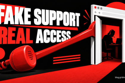 A red telephone handset acts as a lever opening a browser doorway to an impostor support operator.