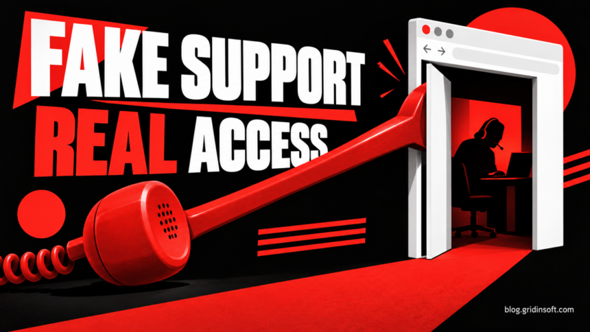 A red telephone handset acts as a lever opening a browser doorway to an impostor support operator.