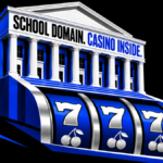 A school facade merging into a blue slot machine, illustrating casino pages under institutional domains.