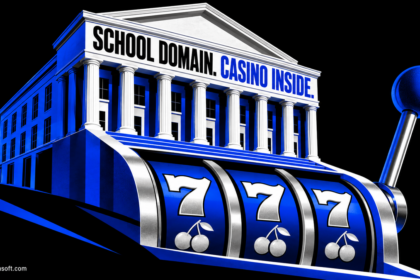 A school facade merging into a blue slot machine, illustrating casino pages under institutional domains.