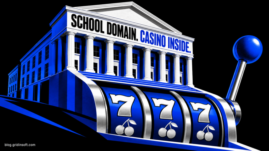 Casino Pages Hid Under School and Government Domains 1 A school facade merging into a blue slot machine, illustrating casino pages under institutional domains.