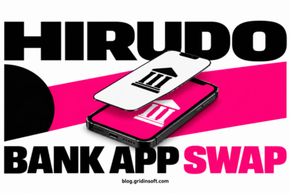 A phone screen lifts away to reveal a substituted banking app beneath.