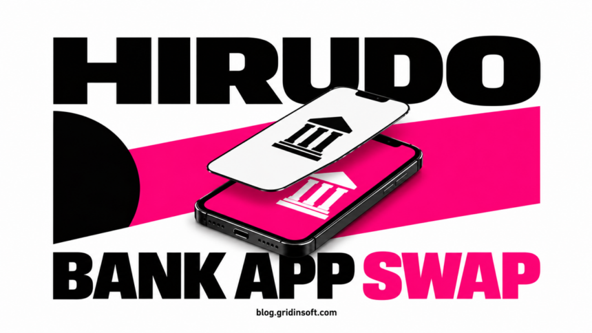 A phone screen lifts away to reveal a substituted banking app beneath.
