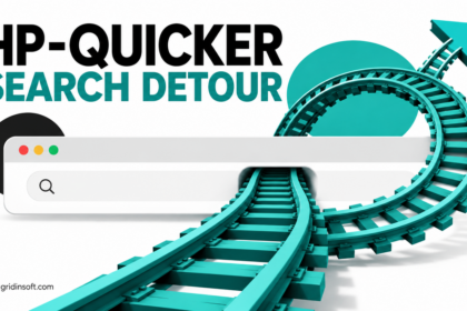 Hp-quicker search detour illustrated as a teal railway looping through a browser search bar.