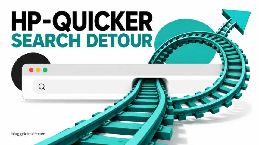 Hp-quicker search detour illustrated as a teal railway looping through a browser search bar.