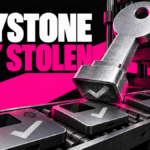 A giant stolen authentication key stamps checkmarks onto a conveyor of hardware wallets.