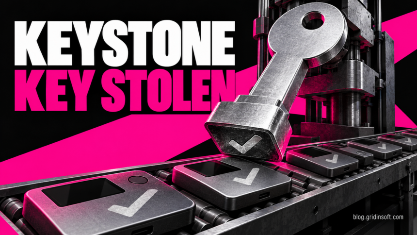 A giant stolen authentication key stamps checkmarks onto a conveyor of hardware wallets.