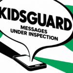 A large conversation bubble emerging from a phone illustrates inspection of a KidsGuard messaging APK.