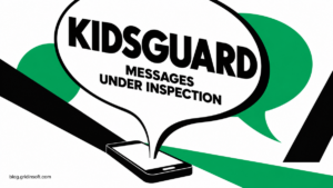 A large conversation bubble emerging from a phone illustrates inspection of a KidsGuard messaging APK.