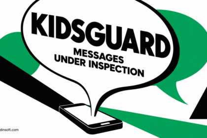 A large conversation bubble emerging from a phone illustrates inspection of a KidsGuard messaging APK.