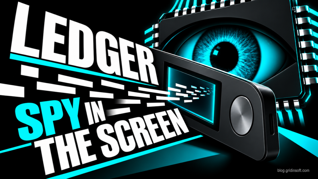 A chip-shaped eye watches a hardware wallet screen: Ledger, Spy in the Screen.