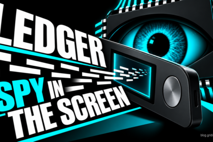 A chip-shaped eye watches a hardware wallet screen: Ledger, Spy in the Screen.
