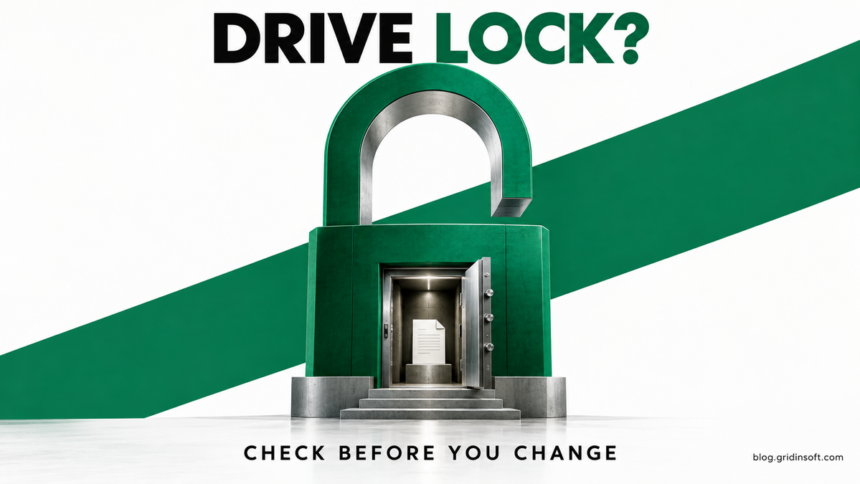 An open green padlock forms a vault doorway around a document