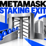 Ethereum reward coins pass through an exit gate beside a separate staking vault