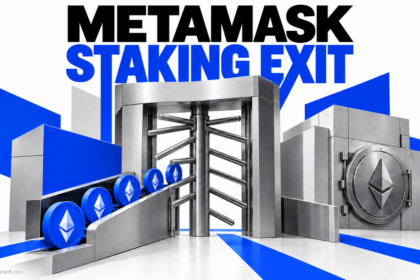 Ethereum reward coins pass through an exit gate beside a separate staking vault