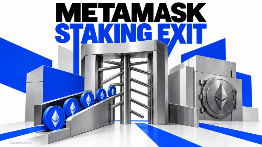 Ethereum reward coins pass through an exit gate beside a separate staking vault