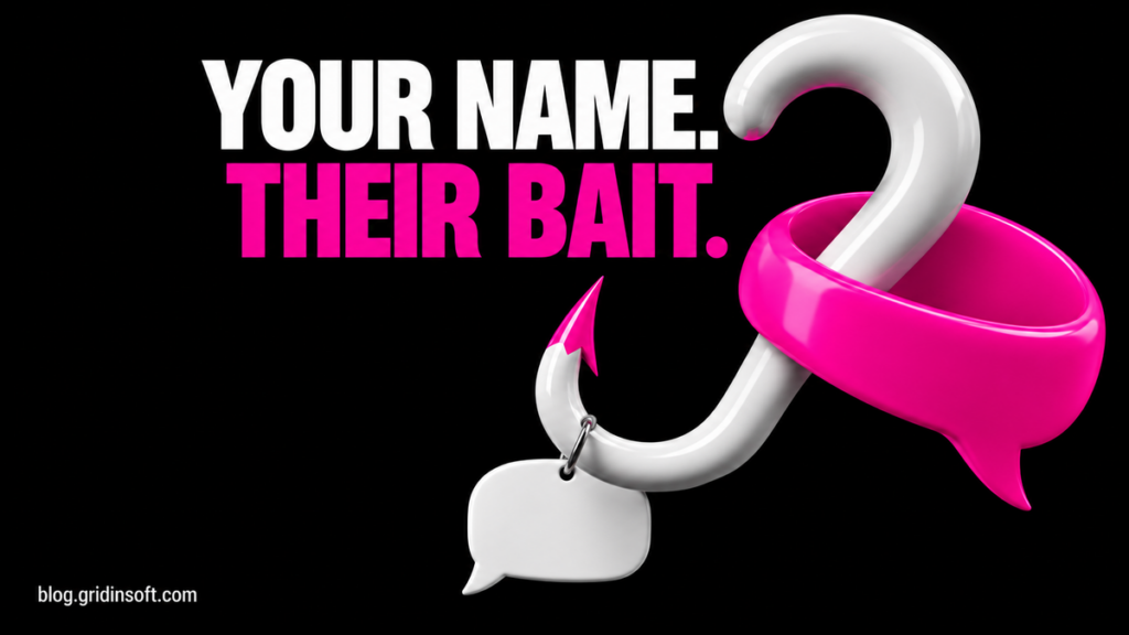 A question-mark fishing hook catches a chat bubble beneath the words Your name. Their bait.