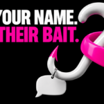 A question-mark fishing hook catches a chat bubble beneath the words Your name. Their bait.