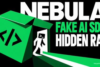 A green software package opens into a hidden doorway with a terminal-headed intruder