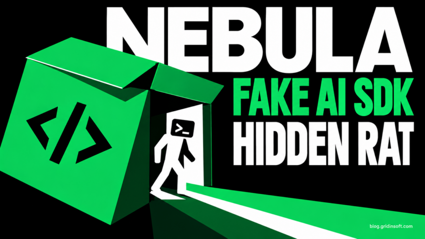 A green software package opens into a hidden doorway with a terminal-headed intruder