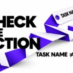 A task-name tag unfolding into a ribbon, with the words Check the Action