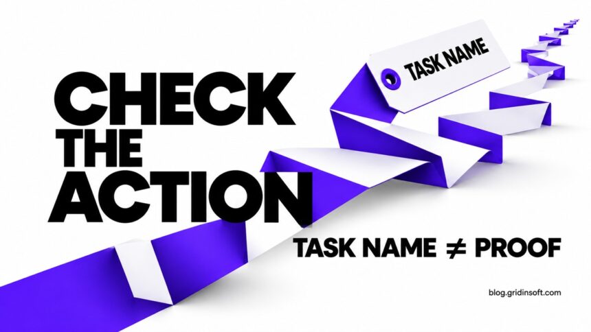 A task-name tag unfolding into a ribbon, with the words Check the Action