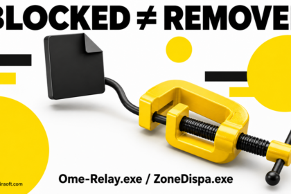 A yellow clamp stops a cable while a black file remains, illustrating that blocking activity is different from removing its source.