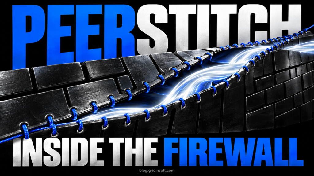 A cobalt stitched seam opens through a metal firewall while a white ribbon passes inside.