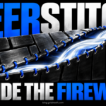 A cobalt stitched seam opens through a metal firewall while a white ribbon passes inside.