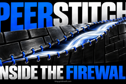 A cobalt stitched seam opens through a metal firewall while a white ribbon passes inside.