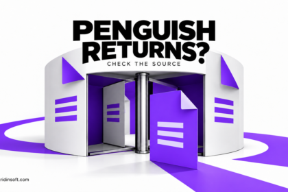 A violet file passes through a revolving doorway beneath the words Penguish Returns? Check the Source.