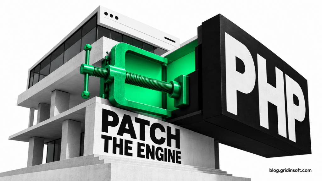 An emerald clamp repairs the PHP foundation beneath a website.