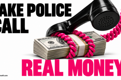 A telephone cord wraps around money, illustrating pressure from a fake police call.