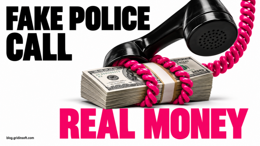 A telephone cord wraps around money, illustrating pressure from a fake police call.