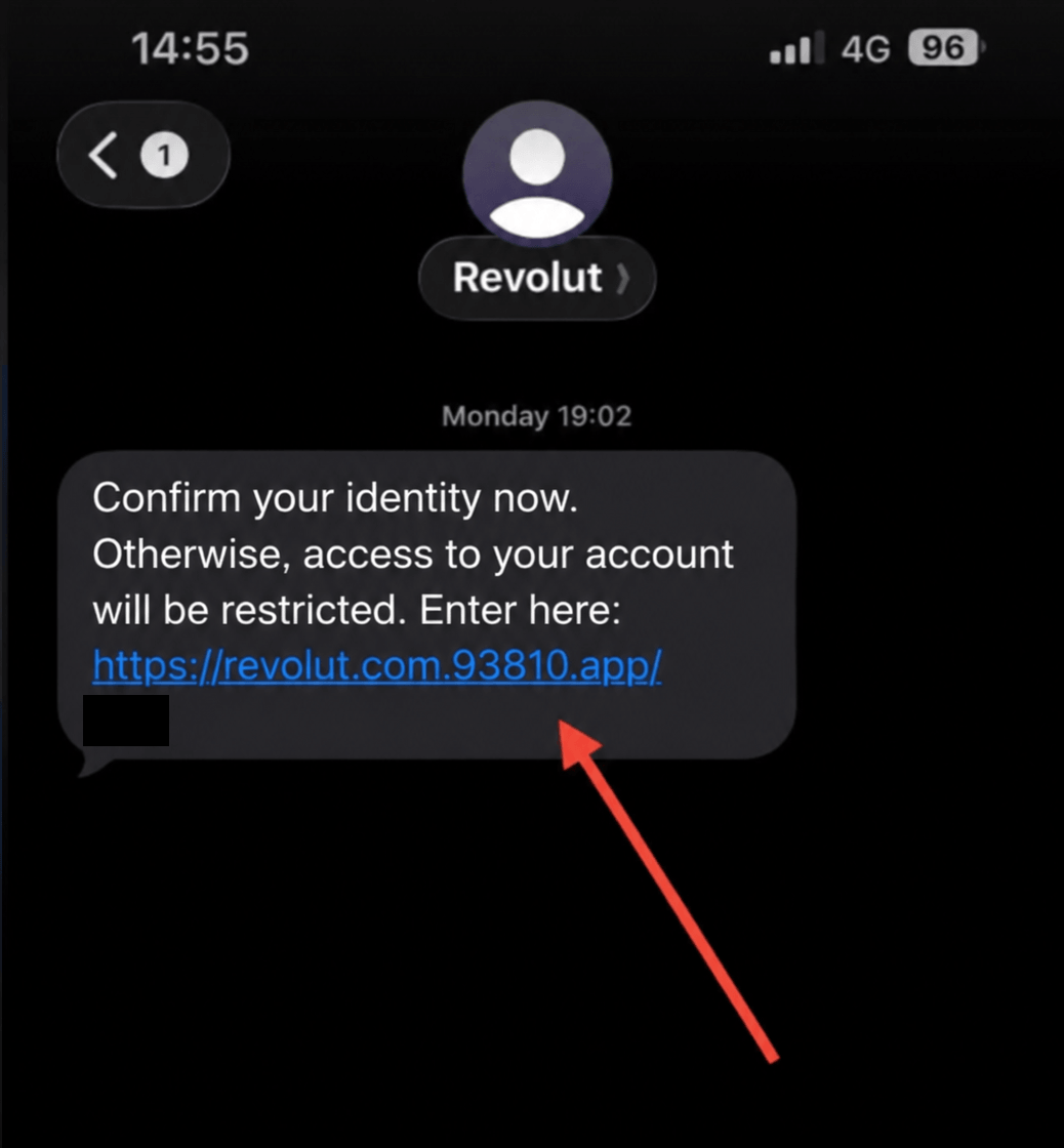 Revolut Handed Customer Data to a Fake Government Request 2 A phishing SMS in a Revolut conversation threatens account restrictions and links to a misleading address.