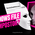 SecurityHealthHost.exe file shaped like a mask beside a magenta mirror, with the question Windows file or impostor.