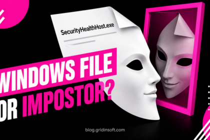 SecurityHealthHost.exe file shaped like a mask beside a magenta mirror, with the question Windows file or impostor.