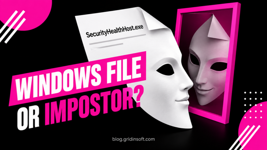 SecurityHealthHost.exe file shaped like a mask beside a magenta mirror, with the question Windows file or impostor.