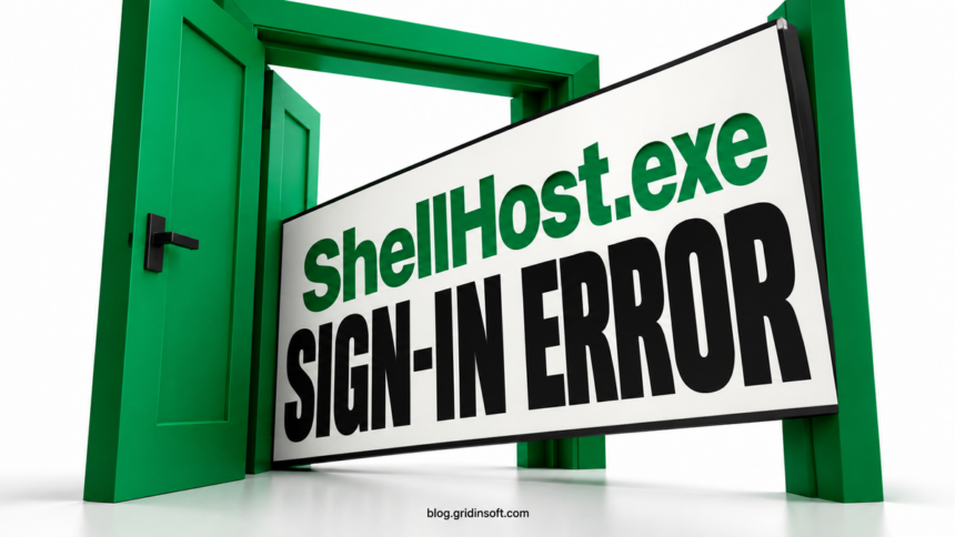 An oversized ShellHost.exe Sign-in Error panel blocks a green doorway